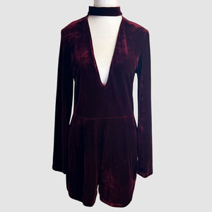 Charlotte Russe Choker V-Neck Velvet Romper Maroon, EUC - Size Large